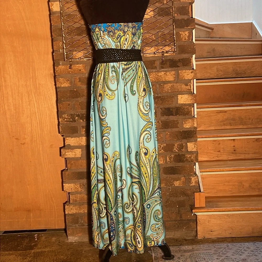 Bisou Bisou Paisley Strapless Dress - Blue and Green 14 - Picture 3 of 4